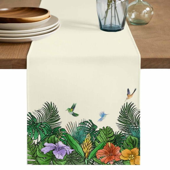 Table Runner Monstera Palm Soft Linen Style Table Runner Cloth Floral Bird Spring Nature Dining Table Decor for Kitchen, Dining Room, Parties, Holiday & Everyday Use 13x36 Inch