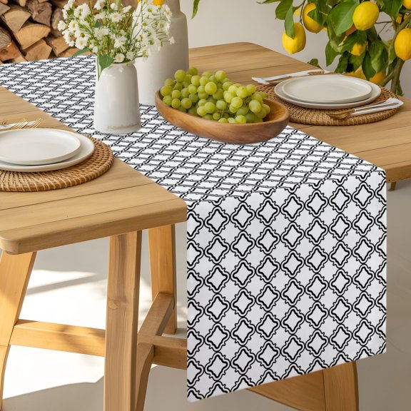 Table Runner Moroccan Black White Classic Lattice Dresser Scarves 13x36 Inch,Linen Table Runners Abstract Plaid Texture Tablerunner for Home Dining Indoor Outdoor Wedding Party Tabletop Decor