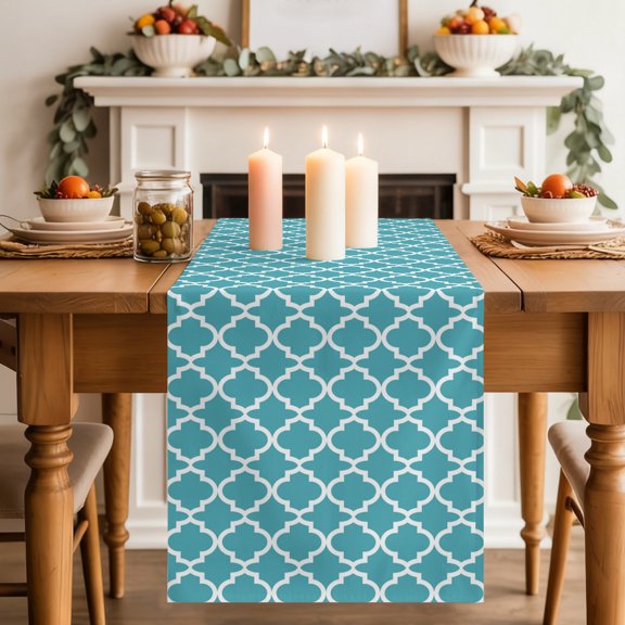 Table Runner Moroccan Geometric Pattern Dresser Scarves 13x70 Inch,Linen Table Runners Abstract Turquoise Minimalist Art Tablerunner for Home Dining Indoor Outdoor Wedding Party Tabletop Decor