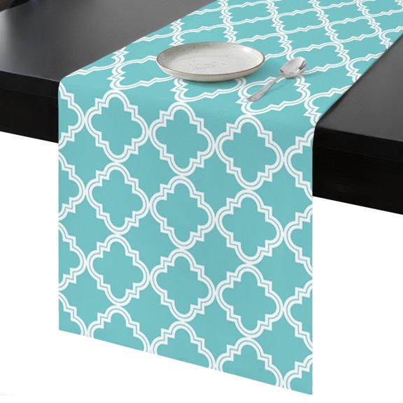 Table Runner Moroccan Pattern Decorative Dining Table Runner Geometric Trellis Cyan Blue Kitchen Table Decoration for Home, Holiday and Party Use 13x36 Inch