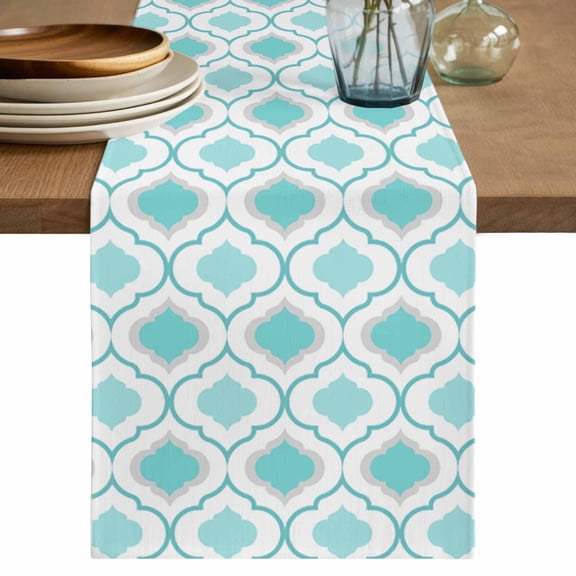 Table Runner Moroccan Pattern Soft Linen Style Table Runner Cloth Cyan Geometric Trellis Dining Table Decor for Kitchen, Dining Room, Parties, Holiday & Everyday Use 13x90 Inch