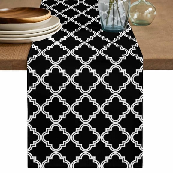 Table Runner Moroccan Pattern Soft Linen Style Table Runner Cloth Geometric Trellis Black Dining Table Decor for Kitchen, Dining Room, Parties, Holiday & Everyday Use 13x90 Inch