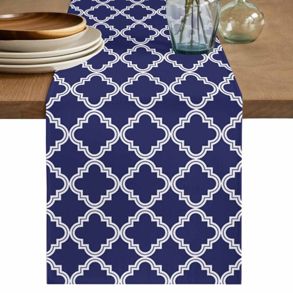 Table Runner Moroccan Pattern Soft Linen Style Table Runner Cloth Geometric Trellis Navy Blue Dining Table Decor for Kitchen, Dining Room, Parties, Holiday & Everyday Use 13x90 Inch