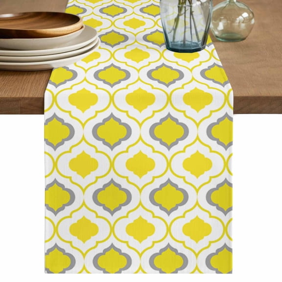 Table Runner Moroccan Pattern Soft Linen Style Table Runner Cloth Geometric Trellis Yellow Grey Dining Table Decor for Kitchen, Dining Room, Parties, Holiday & Everyday Use 13x90 Inch