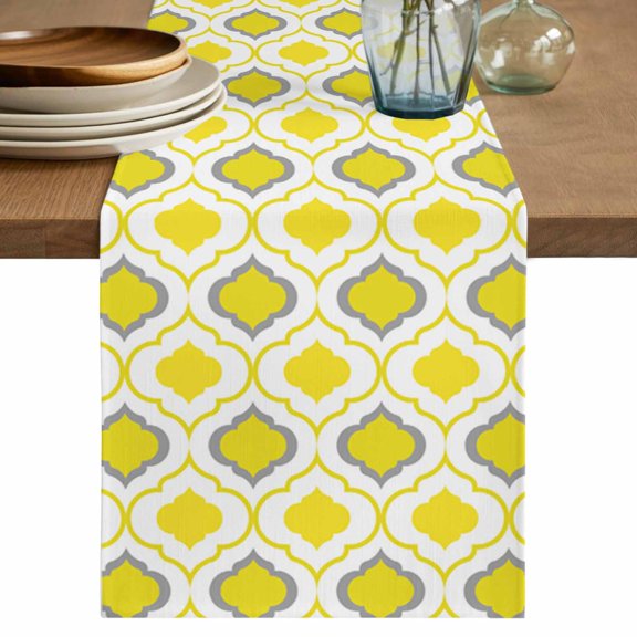 Table Runner Moroccan Pattern Soft Linen Style Table Runner Cloth Geometric Trellis Yellow Grey Dining Table Decor for Kitchen, Dining Room, Parties, Holiday & Everyday Use 13x36 Inch