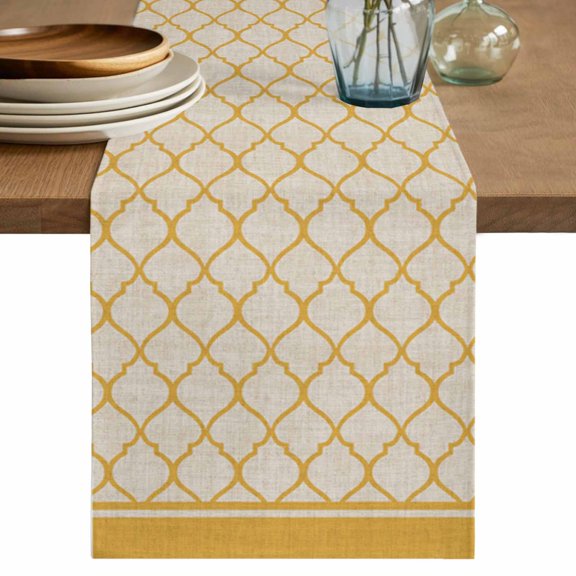 Table Runner Moroccan Pattern Soft Linen Style Table Runner Cloth Rustic Vintage Yellow Dining Table Decor for Kitchen, Dining Room, Parties, Holiday & Everyday Use 13x36 Inch