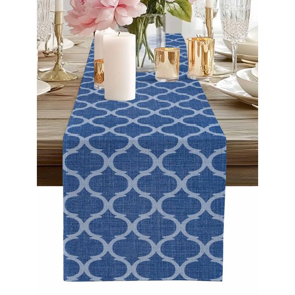Table Runner Moroccan Texture Table Runners Retro Dark Blue Linen Cotton Linen Dresser Scarf Kitchen Dining Table Decor for Home Dinner Party Decor 13x36 Inch
