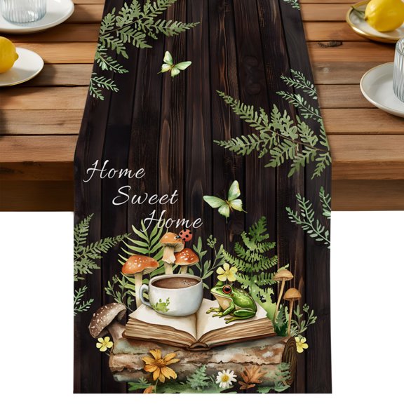 Table Runner Mushroom Frog Decorative Table Runner for Kitchen Farmhouse Wood Dinning Runner for Party Wedding Holiday Indoor Outdoor 13x36inch