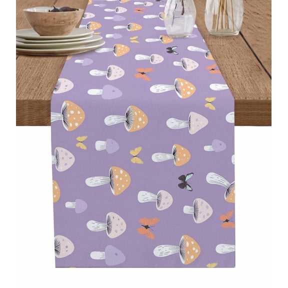 Table Runner Mushrooms Butterfly Table Decoration for Kitchen Dinning Purple Table Decoration for Indoor Outdoor Party Wedding Decor 13x90 Inch