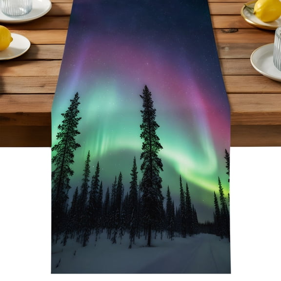 Table Runner Natural Forest Snow Decorative Table Runner for Kitchen Night Green Polar Lights Landscape Dinning Runner for Party Wedding Holiday Indoor Outdoor 13x36inch