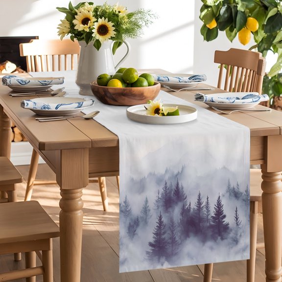 Table Runner Natural Misty Mountain Tree Forest Dresser Scarves 13x70 Inch,Linen Table Runners Wild Hill Foggy Scenery Tablerunner for Home Dining Indoor Outdoor Wedding Party Tabletop Decor