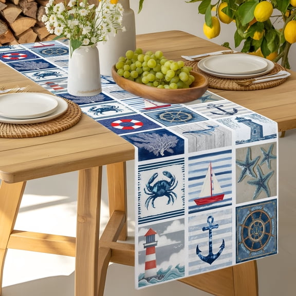 Table Runner Nautical Anchor Swim Rings Compass Dresser Scarves 13x36 Inch,Linen Table Runners Retro Ocean Starfish Whale Tablerunner for Home Dining Indoor Outdoor Wedding Party Tabletop Decor