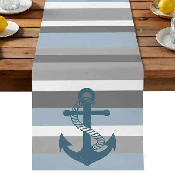 Table Runner Nautical Anchor Table Runners Haze Blue Grey Stripes Cotton Linen Dresser Scarf Kitchen Dining Table Decor for Holiday Party Decor 13x36 Inch