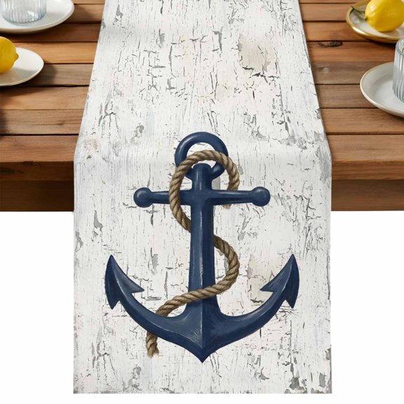 Table Runner Nautical Anchor Table Runners Retro Rustic Wood Grain Cotton Linen Dresser Scarf Kitchen Dining Table Decor for Holiday Party Decor 13x36 Inch