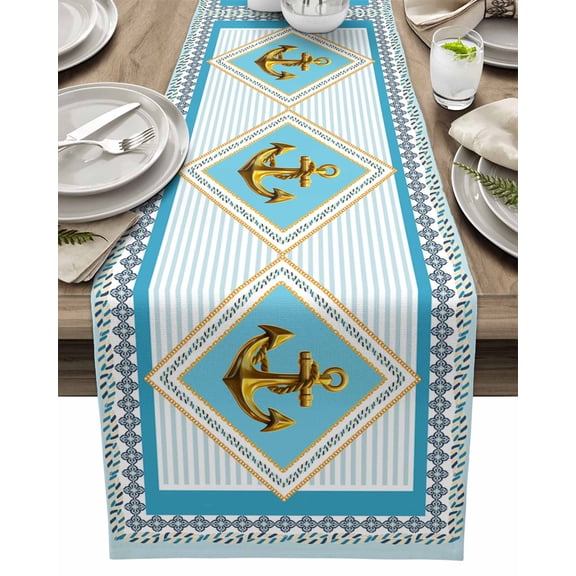 Table Runner Nautical Blue Anchor Table Decoration for Kitchen Dinning Geometric Striped Rope Table Decoration for Indoor Outdoor Party Wedding Decor 13x72inch