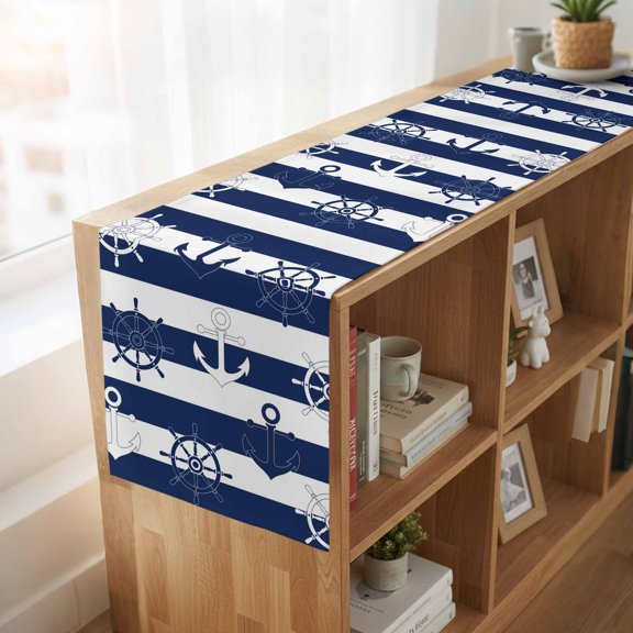 Table Runner Nautical Compass Anchor Dresser Scarves 13x36 Inch,Linen Table Runners Coastal Ocean Navy Blue White Stripe Tablerunner for Home Dining Indoor Outdoor Wedding Party Tabletop Decor