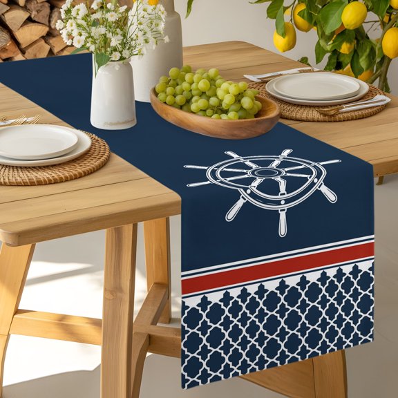 Table Runner Nautical Compass Retro Geometric Dresser Scarves 13x36 Inch,Linen Table Runners Red and White Stripes Tablerunner for Home Dining Indoor Outdoor Wedding Party Tabletop Decor