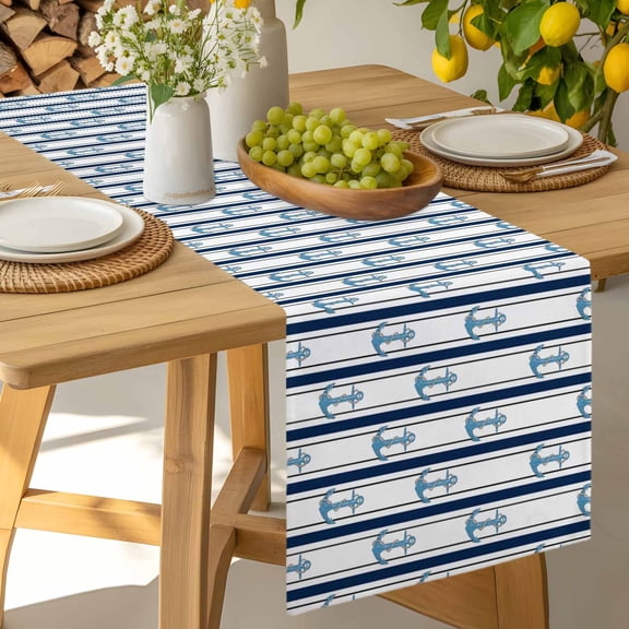 Table Runner Nautical Marine Seamless Anchor Dresser Scarves 13x36 Inch,Linen Table Runners Blue Stripe on White Tablerunner for Home Dining Indoor Outdoor Wedding Party Tabletop Decor