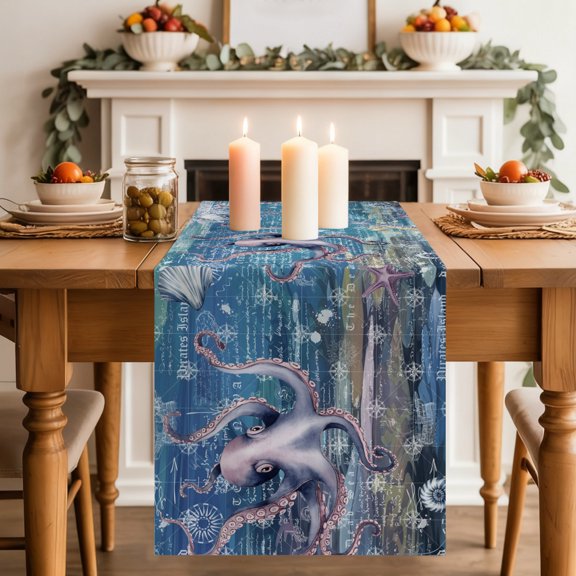 Table Runner Nautical Octopus Seahorse Starfish Dresser Scarves 13x70 Inch,Linen Table Runners Ocean Sealife on Map Tablerunner for Home Dining Indoor Outdoor Wedding Party Tabletop Decor