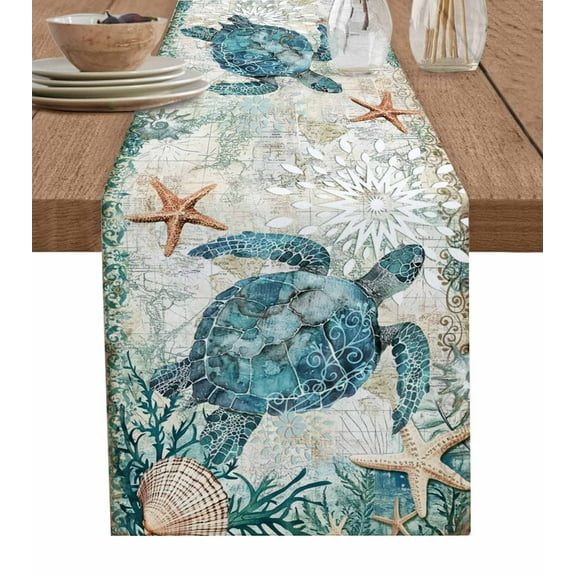 Table Runner Nautical Turtle Starfish Coral Table Decoration for Kitchen Dinning Vintage Ocean Table Decoration for Indoor Outdoor Party Wedding Decor 13x72inch