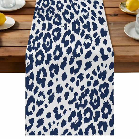 Table Runner Navy Blue Leopard Print Table Runners Animal Fur Skin Cotton Linen Dresser Scarf Kitchen Dining Table Decor for Holiday Party Decor 13x36 Inch