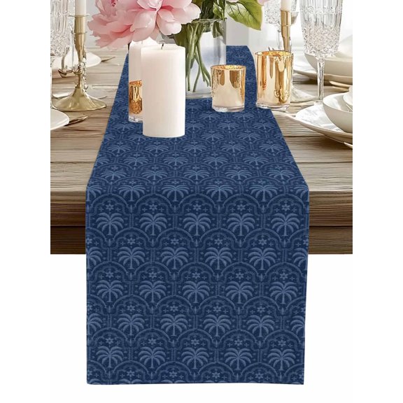Table Runner Navy Blue Palm Trees Table Runners Retro Luxury Art Cotton Linen Dresser Scarf Kitchen Dining Table Decor for Home Dinner Party Decor 13x36 Inch