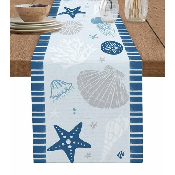 Table Runner Navy Blue Starfish Shell Table Decoration for Kitchen Dinning Ocean Jellyfish Coral Stripe Table Decoration for Indoor Outdoor Party Wedding Decor 13x90inch