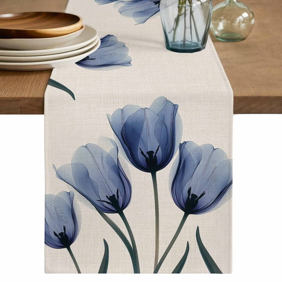 Table Runner Navy Blue Tulip Soft Linen Style Table Runner Cloth Retro Plant Floral Dining Table Decor for Kitchen, Dining Room, Parties, Holiday & Everyday Use 13x36 Inch