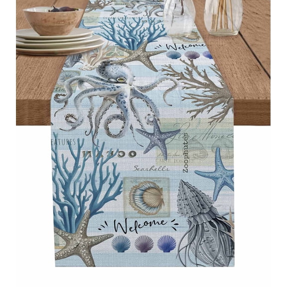 Table Runner Ocean Coastal Starfish Coral Table Decoration for Kitchen Dinning Shell Octopus Blue Table Decoration for Indoor Outdoor Party Wedding Decor 13x72inch