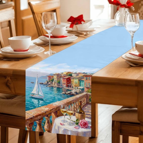 Table Runner Ocean Scene Sailboat Oil Painting Dresser Scarves 13x36 Inch,Linen Table Runners Coastal Town Italian Style Tablerunner for Home Dining Indoor Outdoor Wedding Party Tabletop Decor