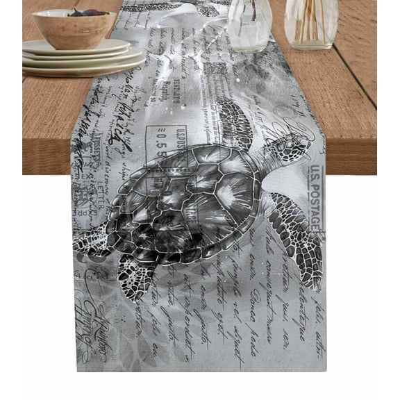 Table Runner Ocean Sea Turtle Black Table Decoration for Kitchen Dinning Nautical Retro Watercolor Table Decoration for Indoor Outdoor Party Wedding Decor 13x72inch