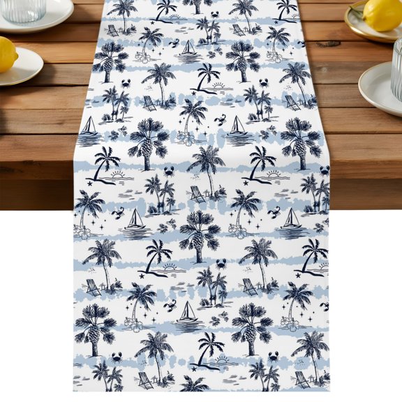 Table Runner Ocean Tropical Plant Decorative Table Runner for Kitchen Retro Summer Beach Coconut Trees Stripes Dinning Runner for Party Wedding Holiday Indoor Outdoor 13x90inch