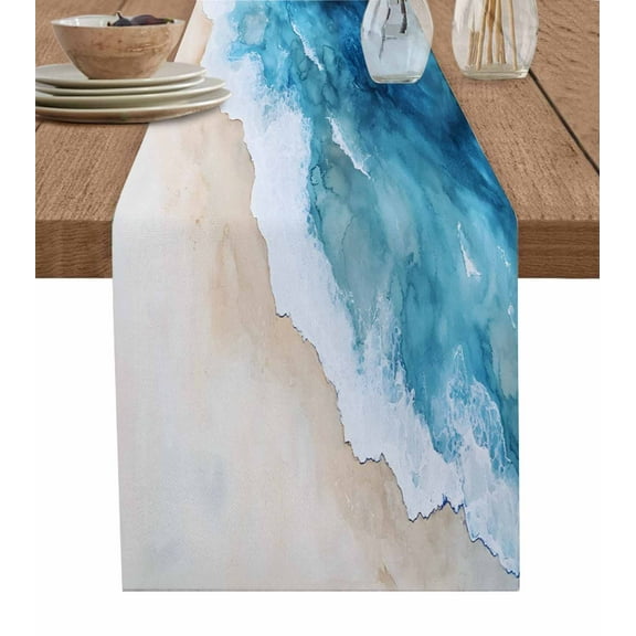 Table Runner Ocean Waves Table Decoration for Kitchen Dinning Watercolor Blue Coastal Beach Table Decoration for Indoor Outdoor Party Wedding Decor 13x90inch