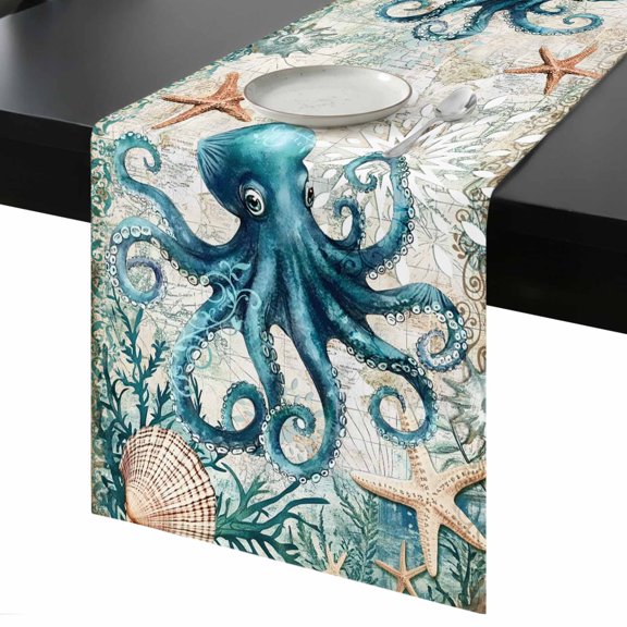Table Runner Octopus Coral Starfish Decorative Dining Table Runner Shell Vintage Ocean Kitchen Table Decoration for Home, Holiday and Party Use 13x36 Inch