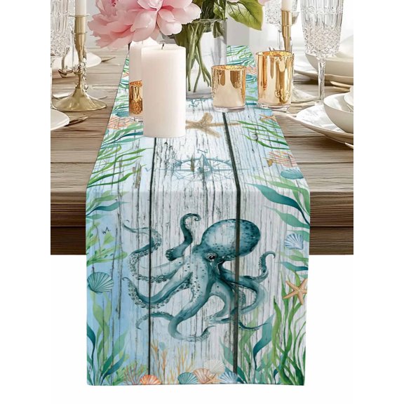 Table Runner Octopus Table Runners Marine Life Compass Starfish Blue Wood Cotton Linen Dresser Scarf Kitchen Dining Table Decor for Home Dinner Party Decor 13x36 Inch