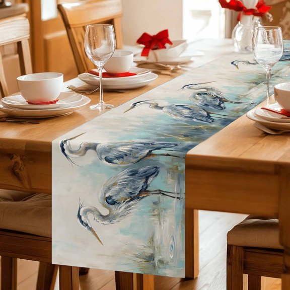 Table Runner Oil Painting Style Heron Dresser Scarves 13x36 Inch,Linen Table Runners Farmhouse Tablerunner for Home Dining Indoor Outdoor Wedding Party Tabletop Decor