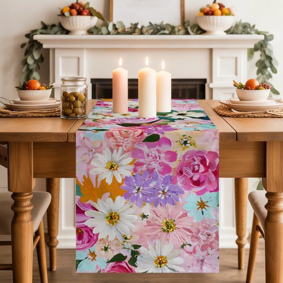 Table Runner Oil Painting Style Peony Daisy Dresser Scarves 13x70 Inch,Linen Table Runners Countryside Flower Art Tablerunner for Home Dining Indoor Outdoor Wedding Party Tabletop Decor