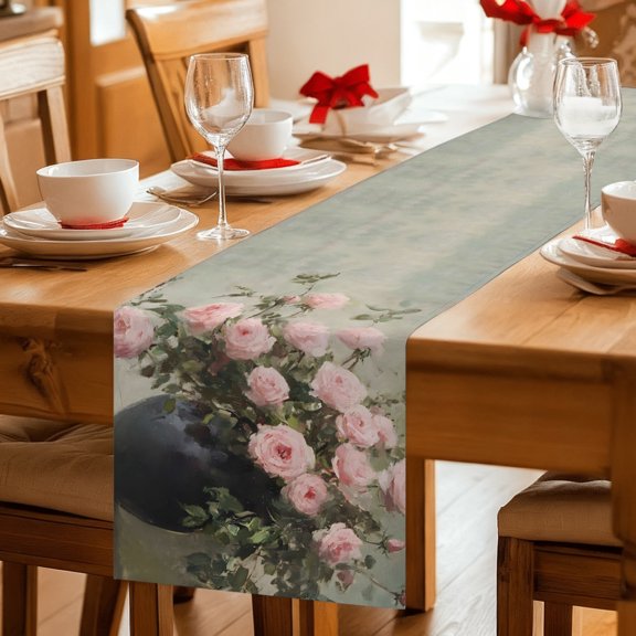 Table Runner Oil Painting Style Pink Rose Dresser Scarves 13x36 Inch,Linen Table Runners Romantic Floral Art Tablerunner for Home Dining Indoor Outdoor Wedding Party Tabletop Decor