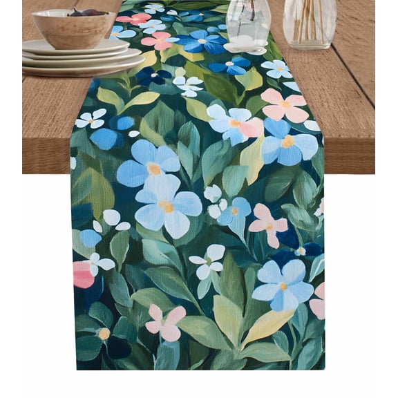 Table Runner Oil Painting Table Decoration for Kitchen Dinning Blue Pink Flowers Table Decoration for Indoor Outdoor Party Wedding Decor 13x72 Inch