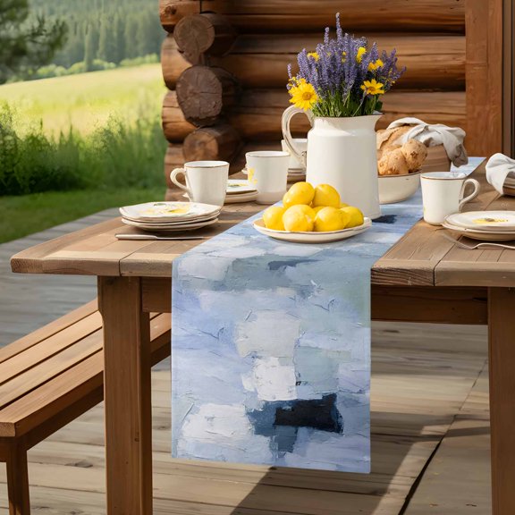 Table Runner Oil Painting Texture Pattern Dresser Scarves 13x36 Inch,Linen Table Runners Abstract Blue White Tones Tablerunner for Home Dining Indoor Outdoor Wedding Party Tabletop Decor