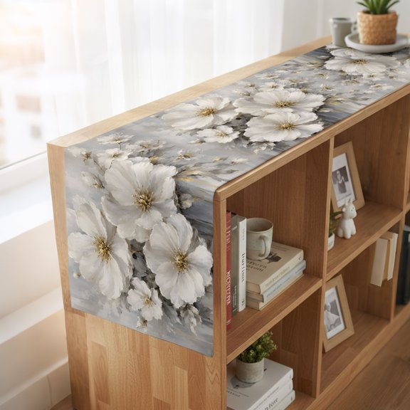 Table Runner Oil Style White Flowers Dresser Scarves 13x36 Inch,Linen Table Runners Elegant Gray Beige Floral Art Tablerunner for Home Dining Indoor Outdoor Wedding Party Tabletop Decor