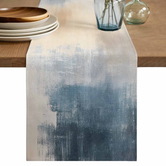 Table Runner Ombre Blue off White Oil Painting Soft Linen Style Table Runner Cloth Abstract Art Dining Table Decor for Kitchen, Dining Room, Parties, Holiday & Everyday Use 13x36 Inch