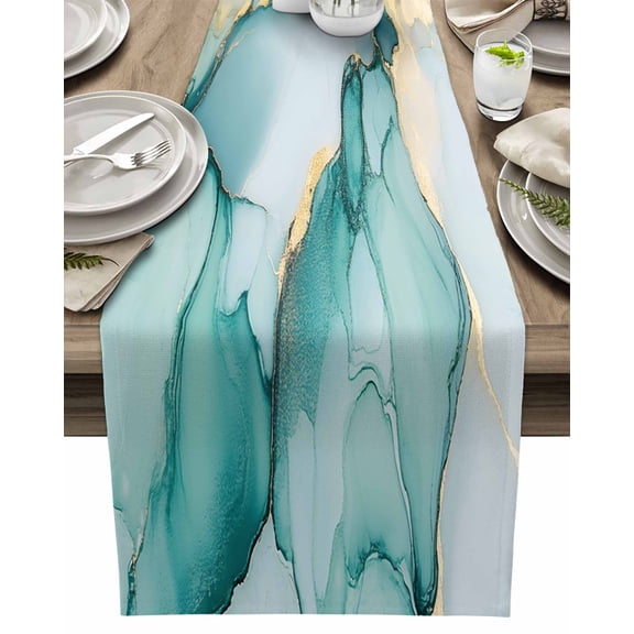 Table Runner Ombre Green Marble Texture Table Decoration for Kitchen Dinning Gold Abstract Modern Art Table Decoration for Indoor Outdoor Party Wedding Decor 13x72inch