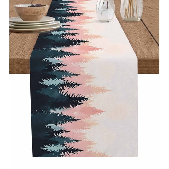 Table Runner Ombre Green Pink Forest Table Decoration for Kitchen Dinning Abstract Art Table Decoration for Indoor Outdoor Party Wedding Decor 13x72 Inch