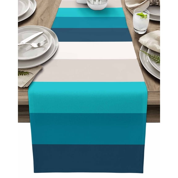 Table Runner Ombre Teal Blue Stripes Table Decoration for Kitchen Dinning Gradient Color Table Decoration for Indoor Outdoor Party Wedding Decor 13x90inch