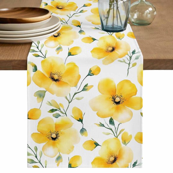Table Runner Ombre Yellow Flowers Soft Linen Style Table Runner Cloth Watercolor Floral Leaf Dining Table Decor for Kitchen, Dining Room, Parties, Holiday & Everyday Use 13x36 Inch