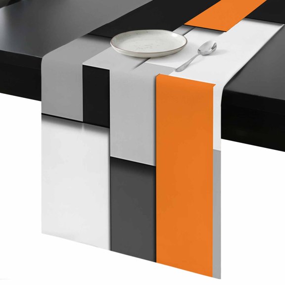 Table Runner Orange Black Gray White Decorative Dining Table Runner Abstract Patchwork Kitchen Table Decoration for Home, Holiday and Party Use 13x36 Inch