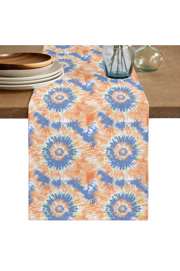 Table Runner Orange Blue Tie Dye Soft Linen Style Table Runner Cloth Boho Abstract Art Dining Table Decor for Kitchen, Dining Room, Parties, Holiday & Everyday Use 13x36 Inch