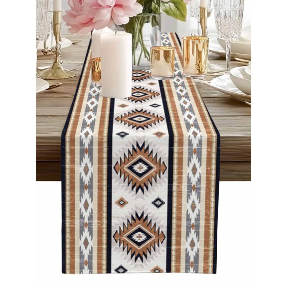 Table Runner Orange Boho Aztec Table Runners Southwest Tribal Geometric Cotton Linen Dresser Scarf Kitchen Dining Table Decor for Home Dinner Party Decor 13x36 Inch