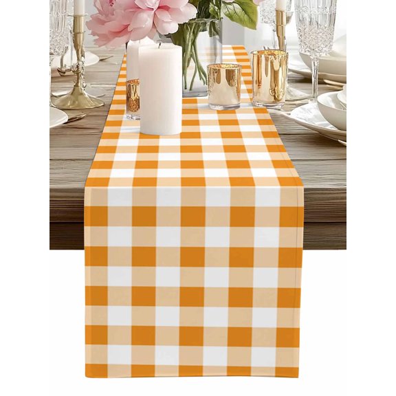 Table Runner Orange Buffalo Check Plaid Table Runners Farmhouse Style Cotton Linen Dresser Scarf Kitchen Dining Table Decor for Home Dinner Party Decor 13x36 Inch